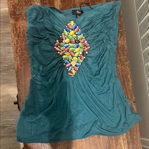 Teal Sleeveless Top with Colorful Beaded Design only tried on